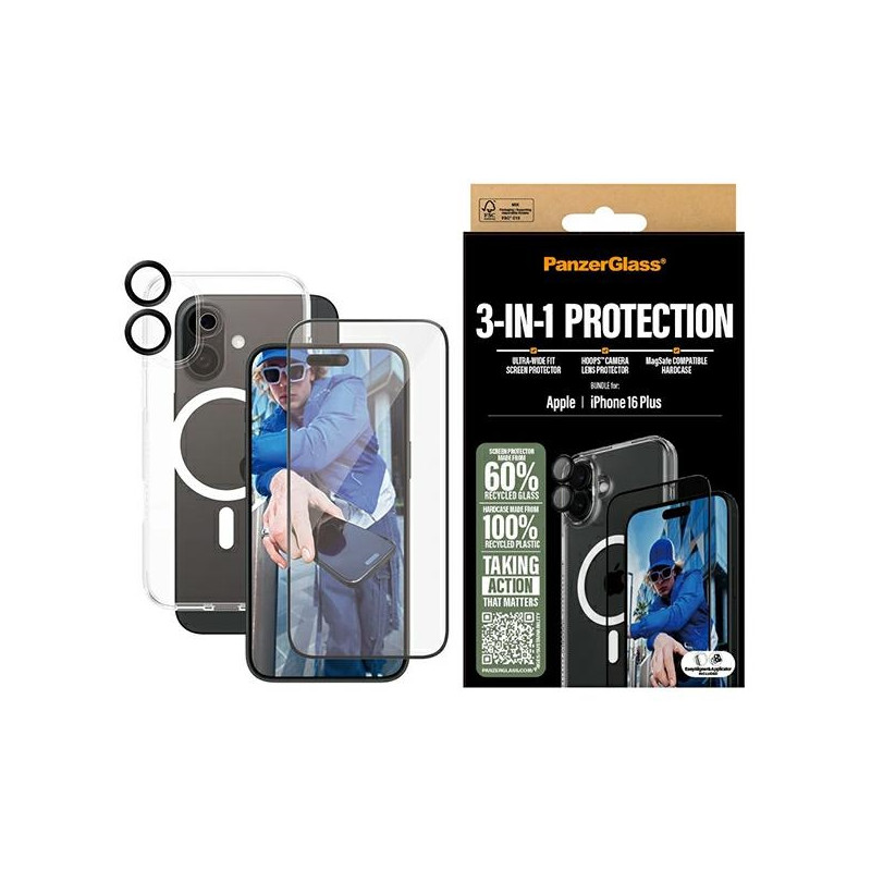 PanzerGlass Bundle 3in1 rinkinys permatomas dėklas + folija + fotoaparato stiklas, skirtas iPhone 16 Plus