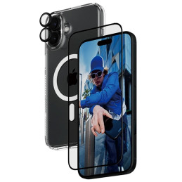 PanzerGlass Bundle 3in1 rinkinys permatomas dėklas + folija + fotoaparato stiklas, skirtas iPhone 16 Plus