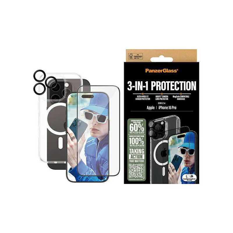 PanzerGlass Bundle 3in1 rinkinys permatomas dėklas + folija + fotoaparato stiklas, skirtas iPhone 16 Pro