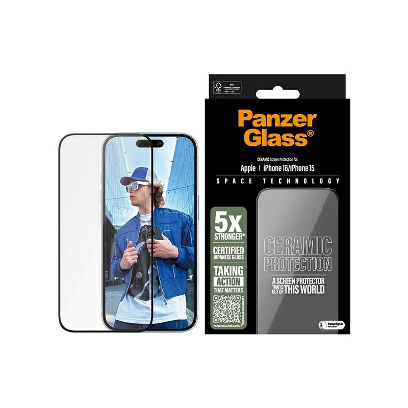 PanzerGlass keraminė ekrano apsauga, itin platus grūdintas stiklas, skirtas iPhone 16