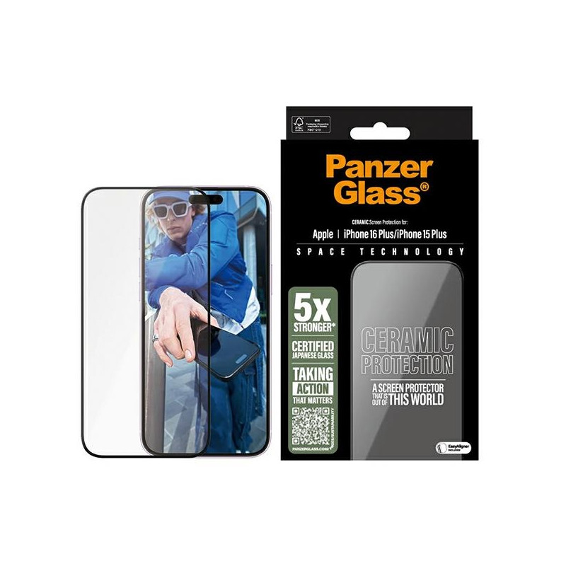 PanzerGlass keraminė ekrano apsauga, itin platus grūdintas stiklas, skirtas iPhone 16 Plus