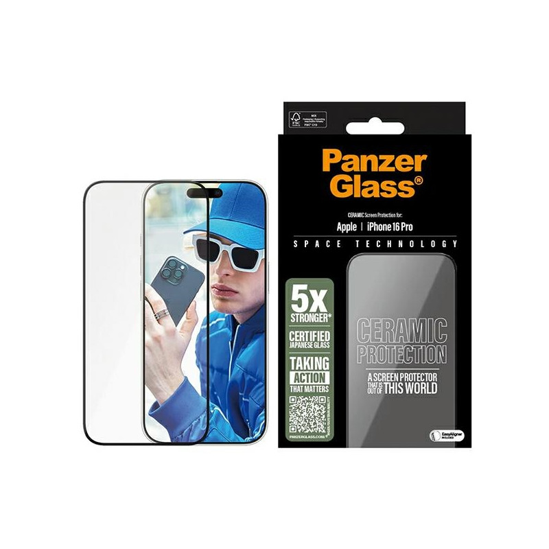 PanzerGlass keraminė ekrano apsauga, itin platus grūdintas stiklas, skirtas iPhone 16 Pro
