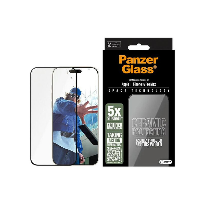 PanzerGlass keraminė ekrano apsauga, itin platus grūdintas stiklas, skirtas iPhone 16 Pro Max