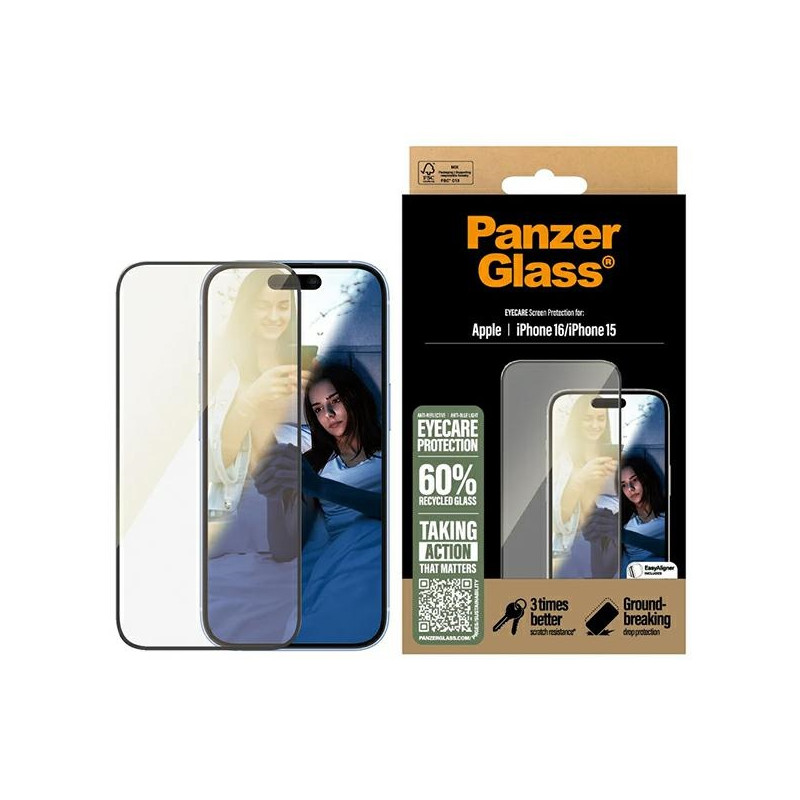 PanzerGlass EyeCare ekrano apsauga, itin platus grūdintas stiklas, skirtas iPhone 16