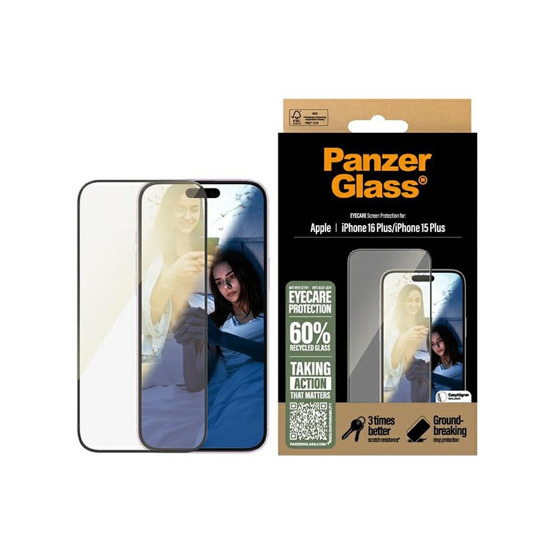 PanzerGlass EyeCare ekrano apsauga, itin platus grūdintas stiklas, skirtas iPhone 16 Plus