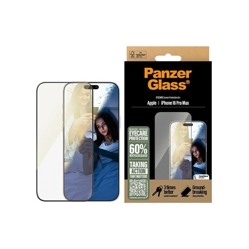 „PanzerGlass EyeCare“ ekrano apsauga, itin platus grūdintas stiklas, skirtas „iPhone 16 Pro Max“