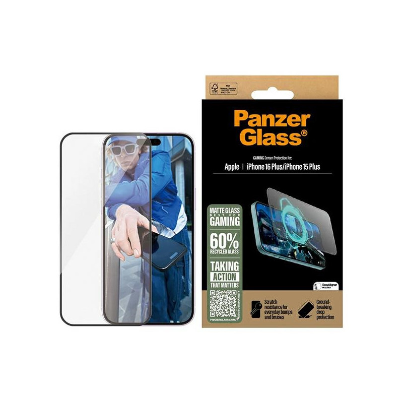 PanzerGlass žaidimų ekrano apsauga, itin platus grūdintas stiklas, skirtas iPhone 16 Plus