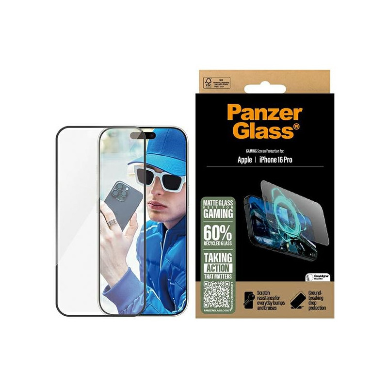 PanzerGlass žaidimų ekrano apsauga, itin platus grūdintas stiklas, skirtas iPhone 16 Pro
