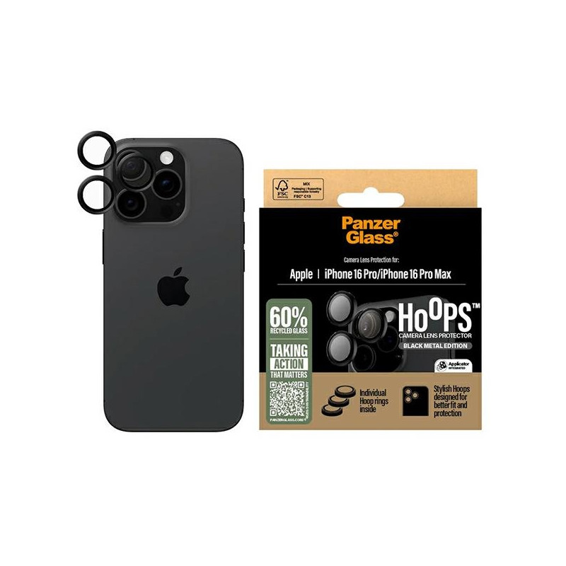 Grūdinto stiklo PanzerGlass Hoops juodo objektyvo fotoaparato apsauga, skirta iPhone 16 Pro / 16 Pro Max
