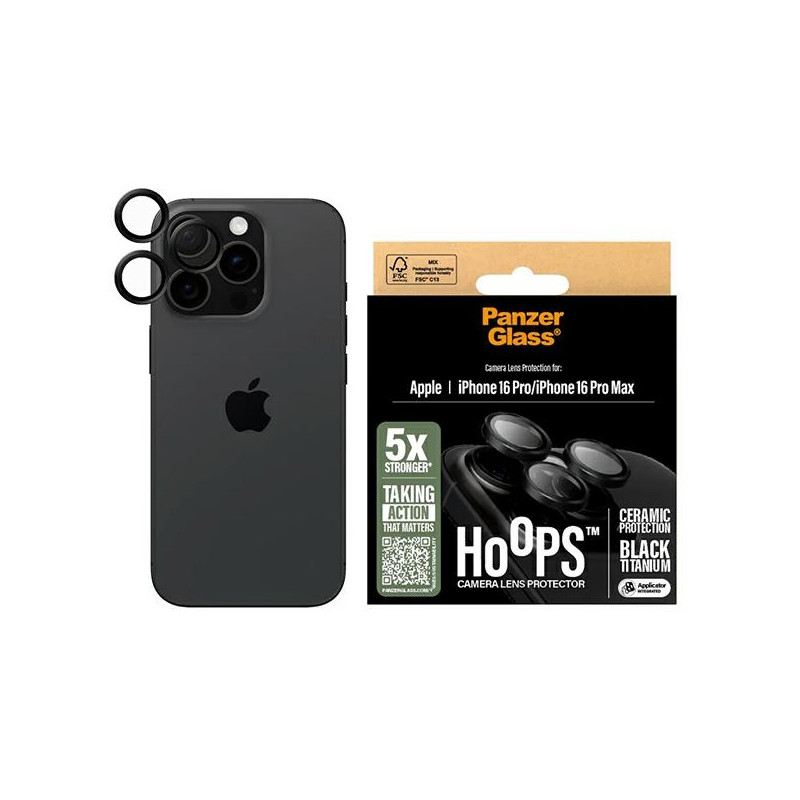 Grūdinto stiklo PanzerGlass Hoops Keramikos objektyvo kameros apsauga, skirta iPhone 16 Pro / 16 Pro Max