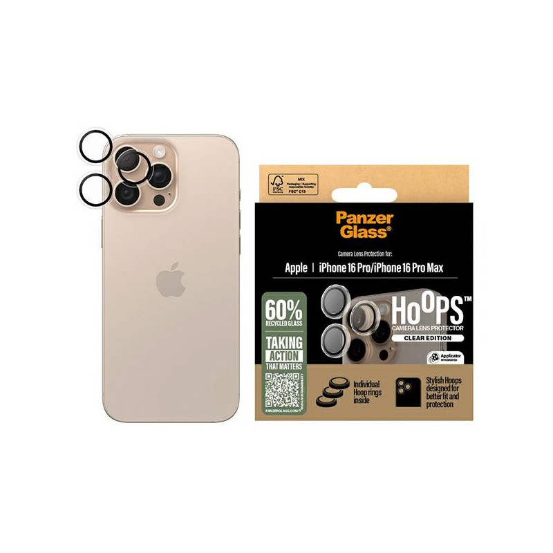 Grūdinto stiklo PanzerGlass Hoops permatomo objektyvo fotoaparato apsauga, skirta iPhone 16 Pro / 16 Pro Max