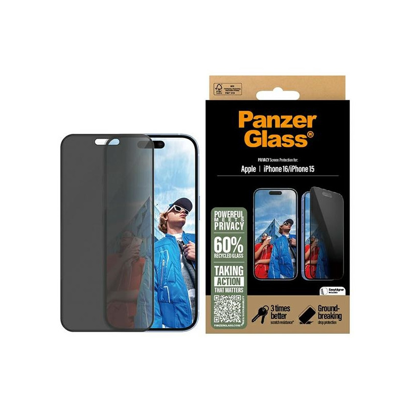 „PanzerGlass“ privatumo ekrano apsauga, itin platus grūdintas stiklas, skirtas „iPhone 16“