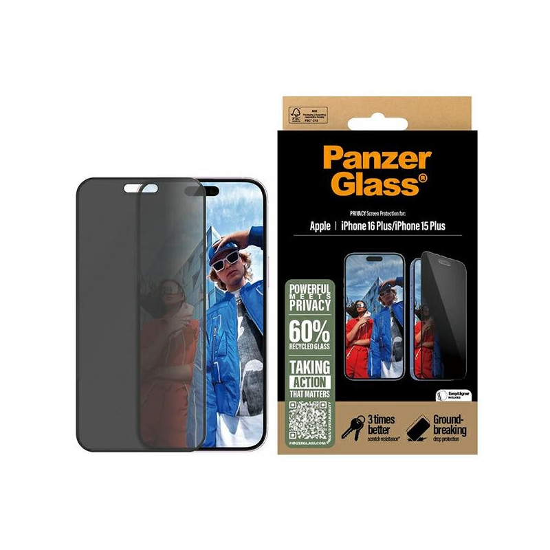 „PanzerGlass“ privatumo ekrano apsauga, itin platus grūdintas stiklas, skirtas „iPhone 16 Plus“