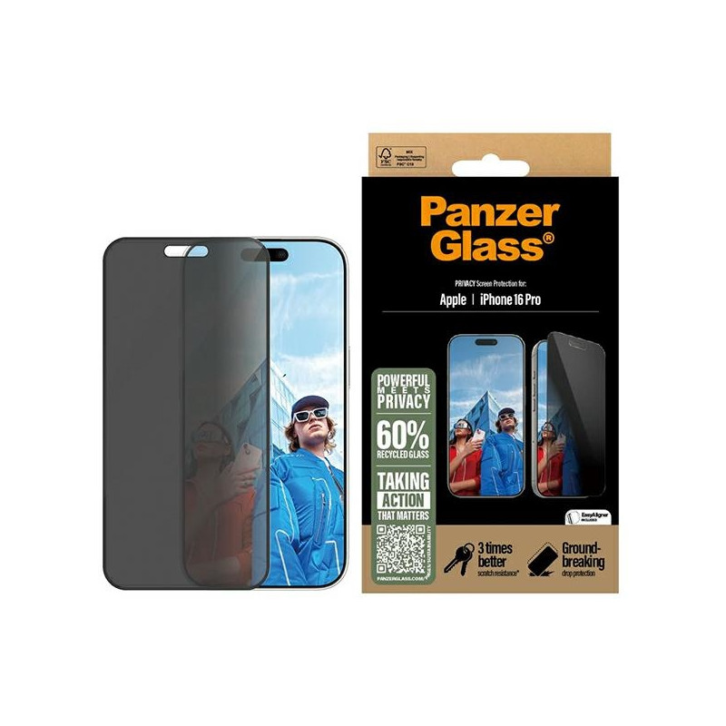 „PanzerGlass“ privatumo ekrano apsauga, itin platus grūdintas stiklas, skirtas „iPhone 16 Pro“