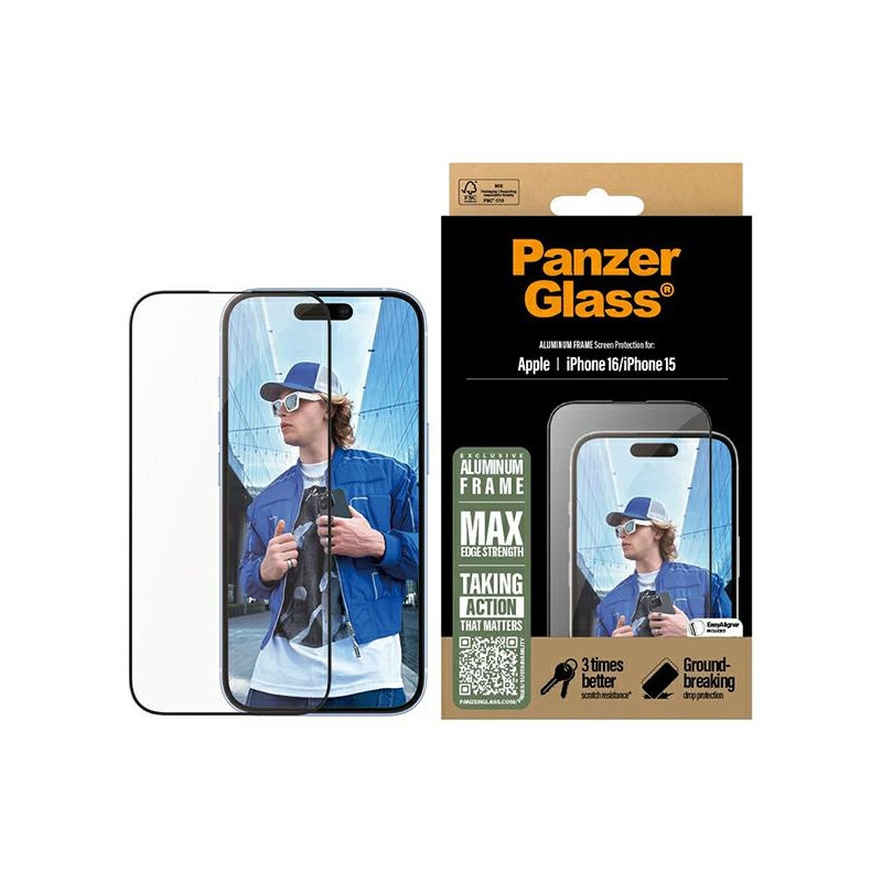 Grūdintas stiklas „PanzerGlass“ ekrano apsauga Aliuminis rėmas, ypač platus, su aliuminio rėmeliu, skirtas „iPhone 16“