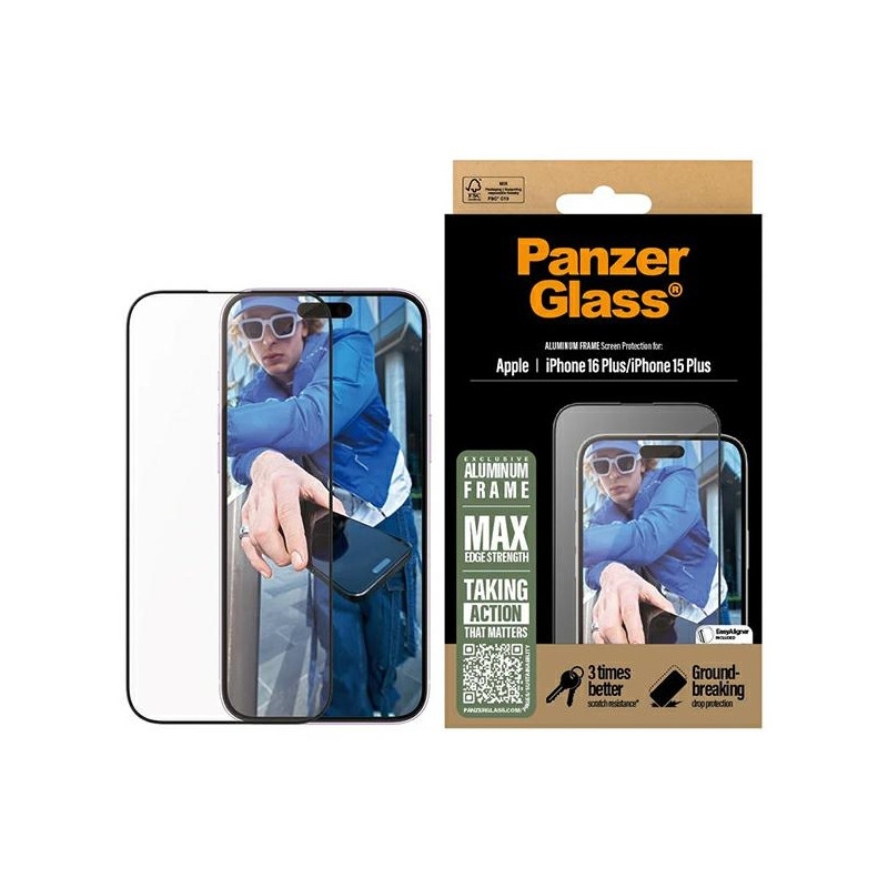 Grūdinto stiklo „PanzerGlass“ ekrano apsauga Aliuminis rėmas, ypač platus, su aliuminio rėmeliu, skirtas „iPhone 16 Plus...