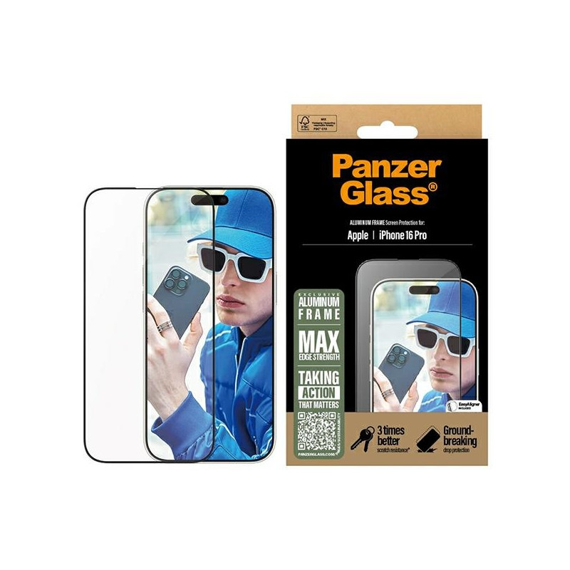 Grūdinto stiklo „PanzerGlass“ ekrano apsauginė plėvelė, aliuminio rėmas, itin platus, su aliuminio rėmeliu, skirtas „iPh...