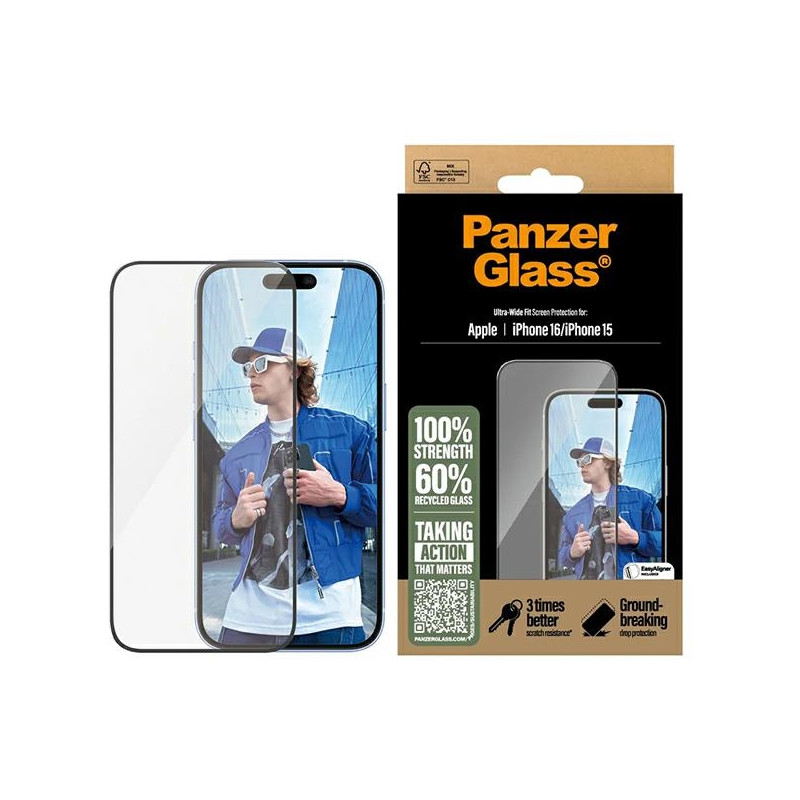 „PanzerGlass“ ekrano apsauga, itin platus grūdintas stiklas, skirtas „iPhone 16“.