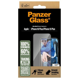 „PanzerGlass“ ekrano apsauginė plėvelė, itin platus grūdintas stiklas, skirtas „iPhone 16 Plus“.