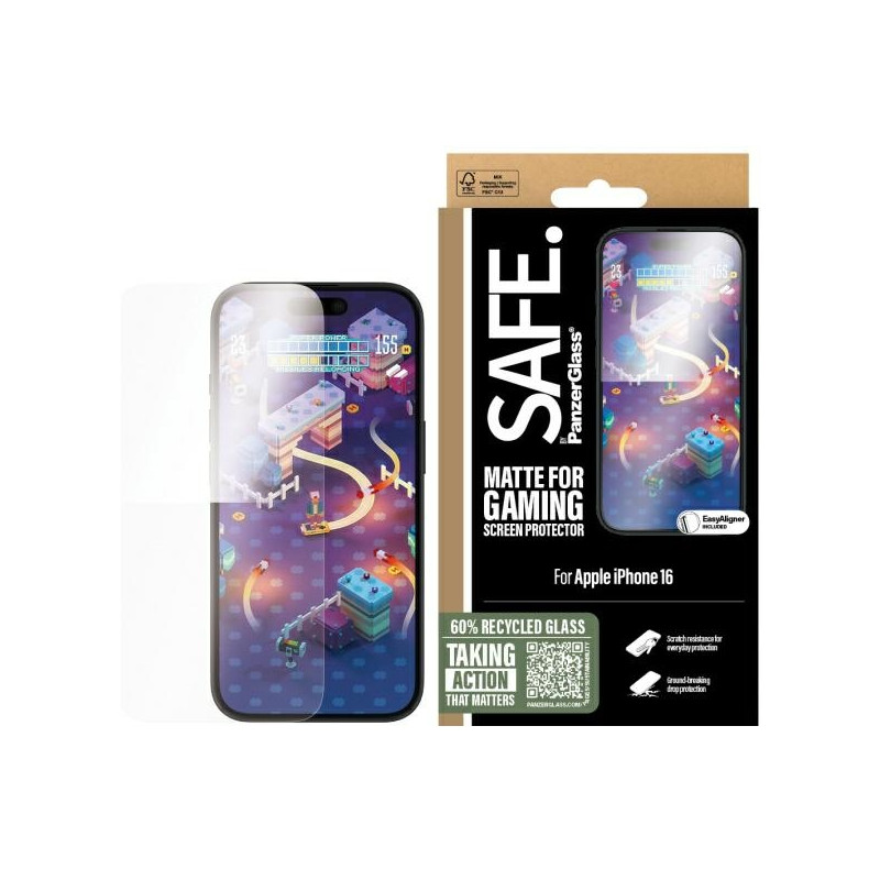 SAUGUS grūdintas stiklas iš PanzerGlass žaidimų ekrano apsauga, ypač plati, tinka iPhone 16