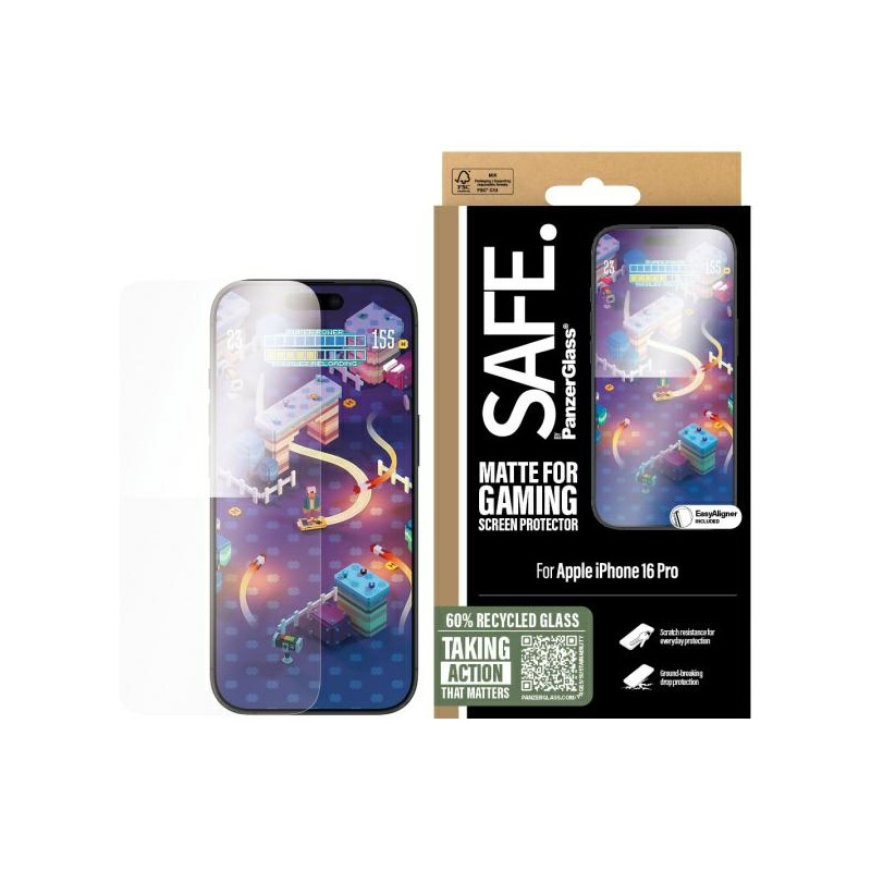 SAUGUS grūdintas stiklas iš PanzerGlass žaidimų ekrano apsauga, ypač plati, tinka iPhone 16 Pro