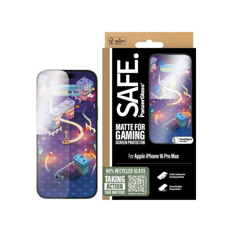SAUGUS grūdintas stiklas iš PanzerGlass žaidimų ekrano apsauga, ypač plati, tinka iPhone 16 Pro Max