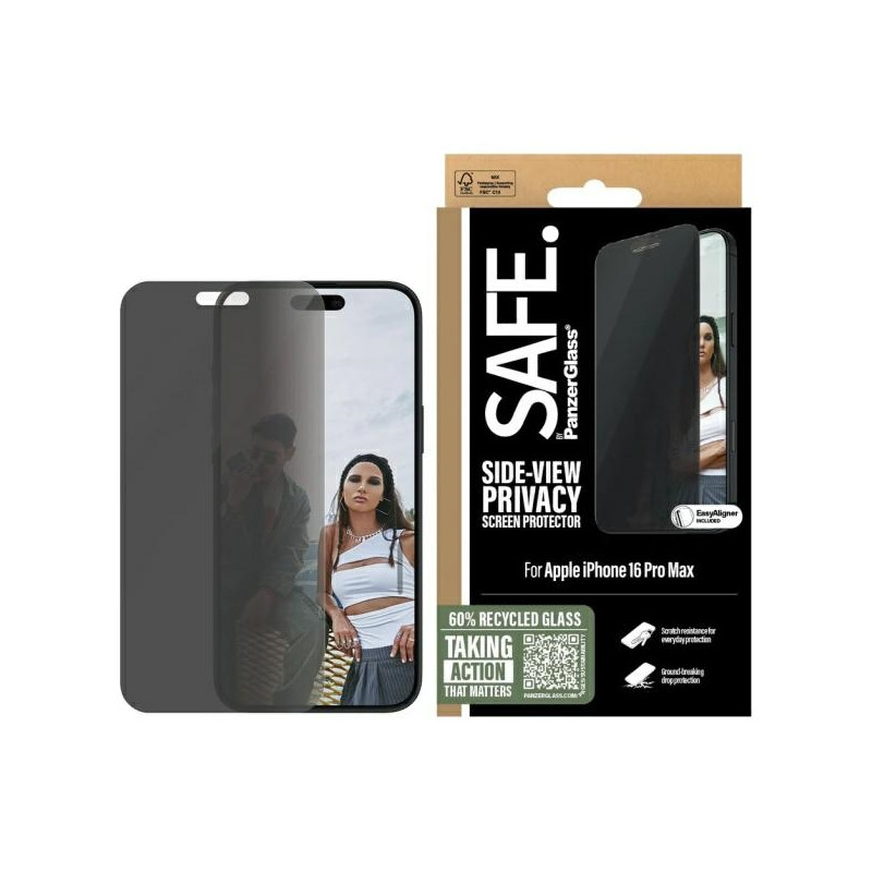 SAUGUS grūdintas stiklas iš PanzerGlass Privacy ekrano apsauga, ypač platus, tinka iPhone 16 Pro Max