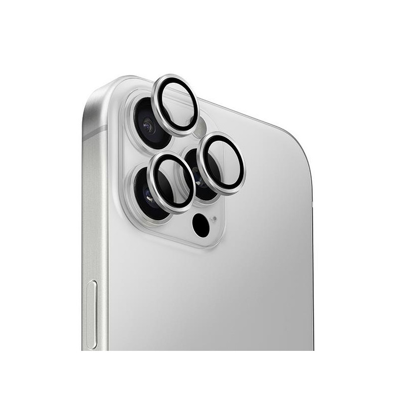 UNIQ Optix aliuminio kameros objektyvo grūdinto stiklo apsauga su aplikatoriumi, skirta iPhone 16 Pro / 16 Pro Max – sid...