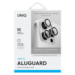 UNIQ Optix aliuminio kameros objektyvo grūdinto stiklo apsauga su aplikatoriumi, skirta iPhone 16 Pro / 16 Pro Max – sid...