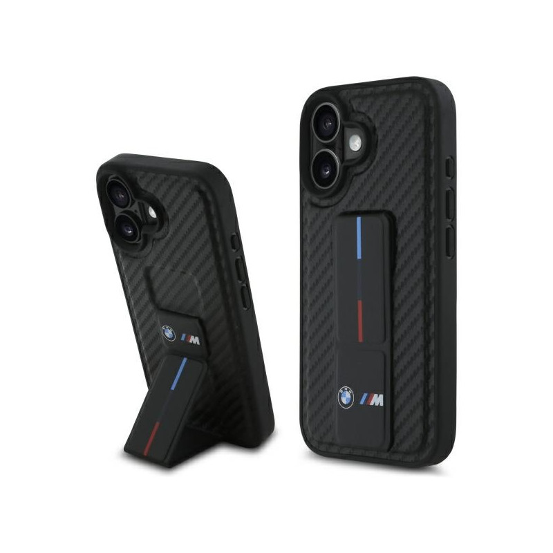 BMW M Grip Stand Smooth and Carbon dėklas iPhone 16 - juodas