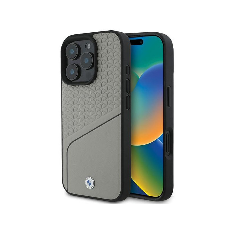 BMW Sign Leather Textured and Line MagSafe dėklas iPhone 16 Pro - pilkas
