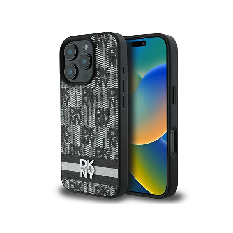 DKNY Checkered Pattern & Printed Stripes dėklas iPhone 16 Pro - juodas