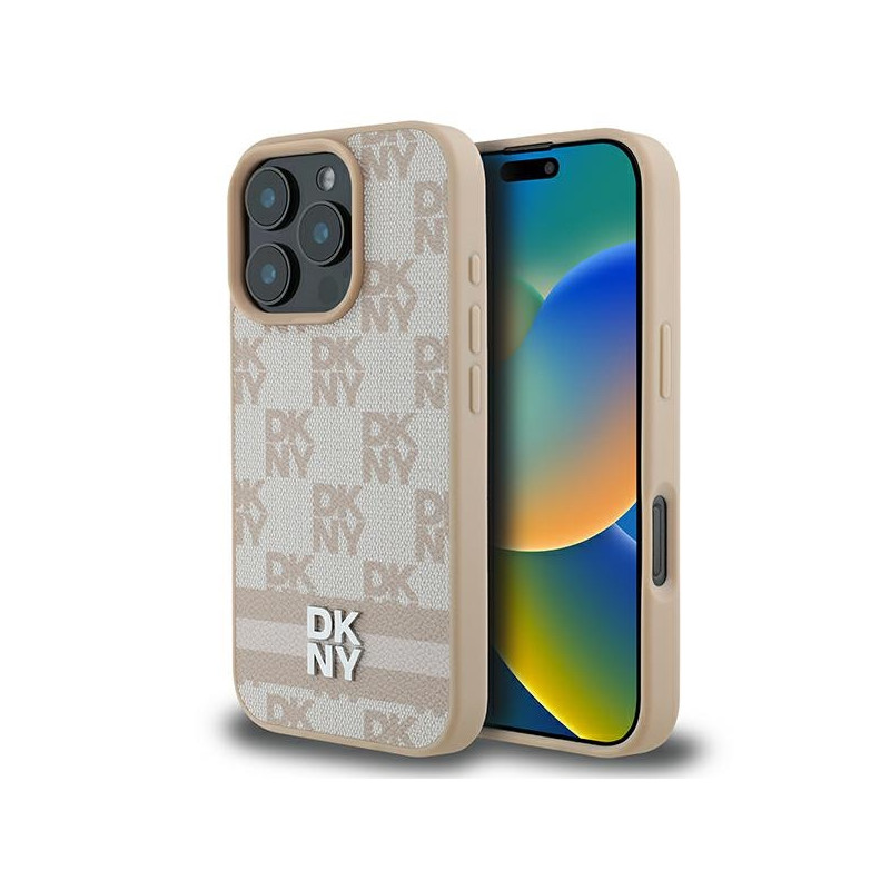 DKNY Checkered Pattern & Printed Stripes dėklas iPhone 16 Pro - rožinis