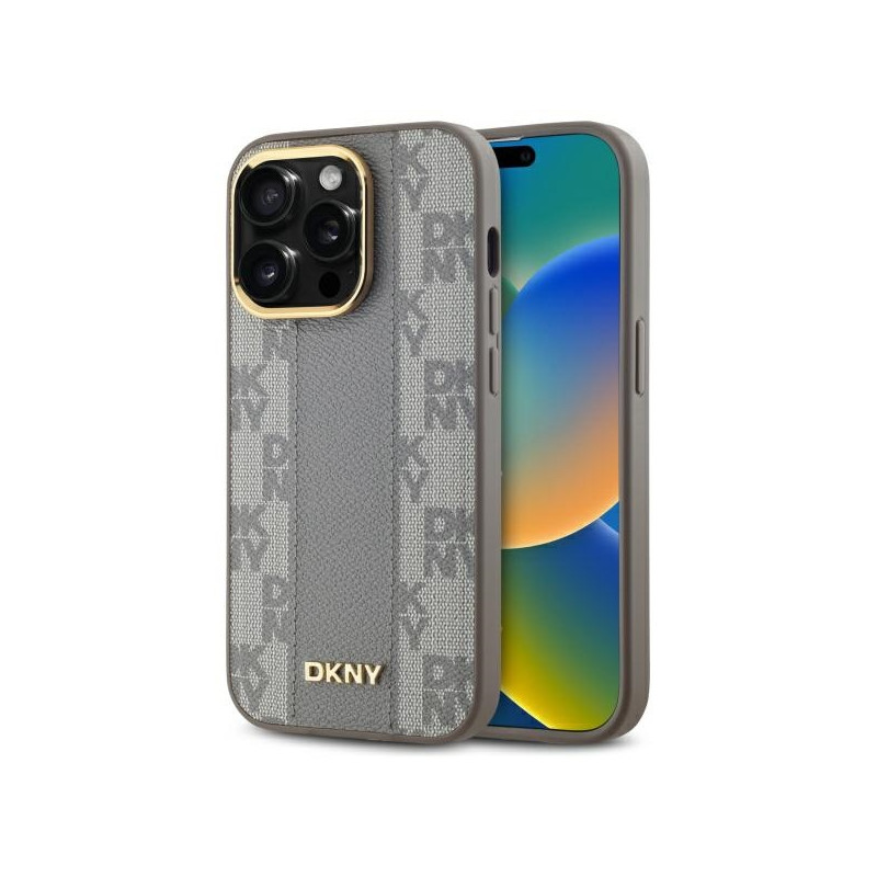 DKNY Leather Chequered Mono Pattern MagSafe dėklas iPhone 14 Pro - smėlio spalvos