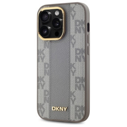 DKNY Leather Chequered Mono Pattern MagSafe dėklas iPhone 14 Pro - smėlio spalvos