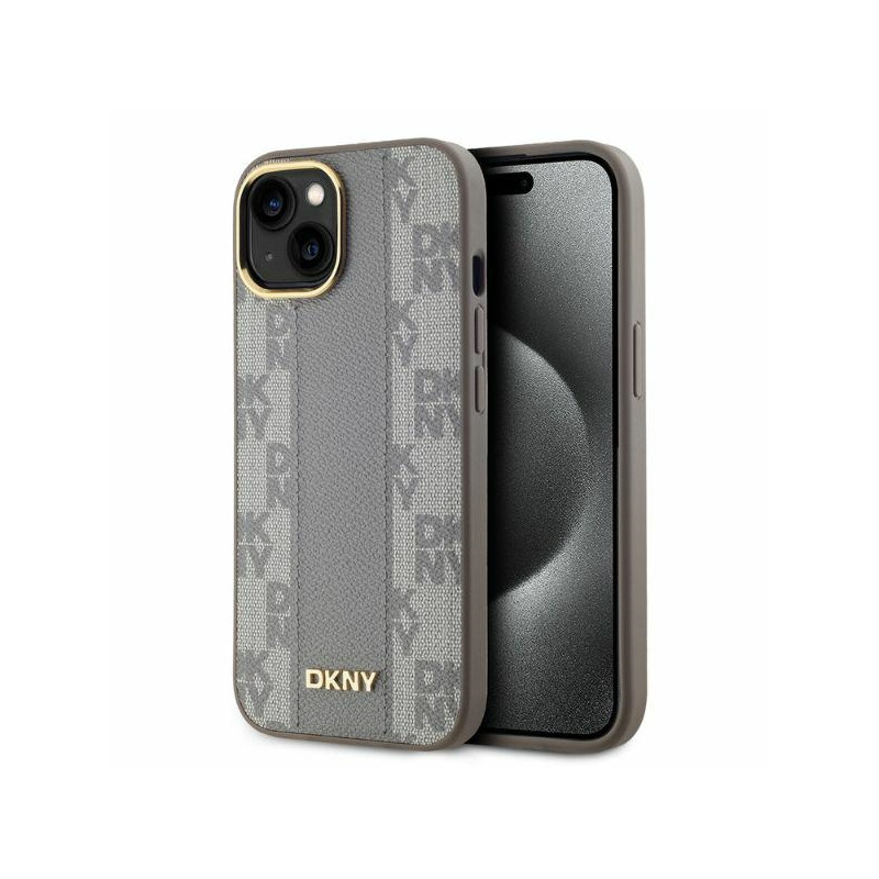DKNY Leather Chequered Mono Pattern MagSafe dėklas iPhone 14 - smėlio spalvos