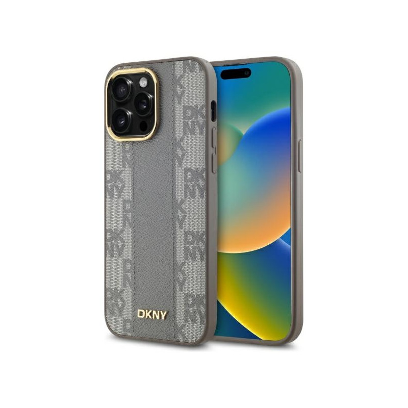 DKNY Leather Chequered Mono Pattern MagSafe dėklas, skirtas iPhone 14 Pro Max - smėlio spalvos