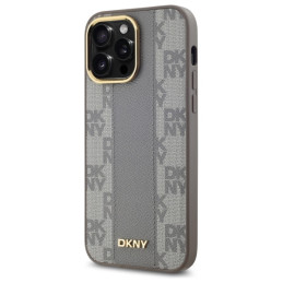 DKNY Leather Chequered Mono Pattern MagSafe dėklas, skirtas iPhone 14 Pro Max - smėlio spalvos