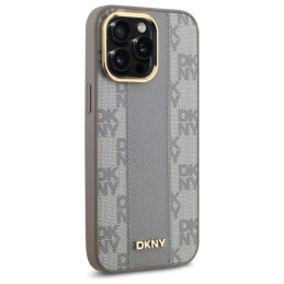 DKNY Leather Chequered Mono Pattern MagSafe dėklas, skirtas iPhone 14 Pro Max - smėlio spalvos
