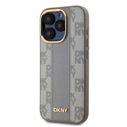 DKNY Leather Checkered Mono Pattern MagSafe dėklas iPhone 15 Pro - smėlio spalvos