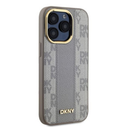 DKNY Leather Checkered Mono Pattern MagSafe dėklas iPhone 15 Pro - smėlio spalvos