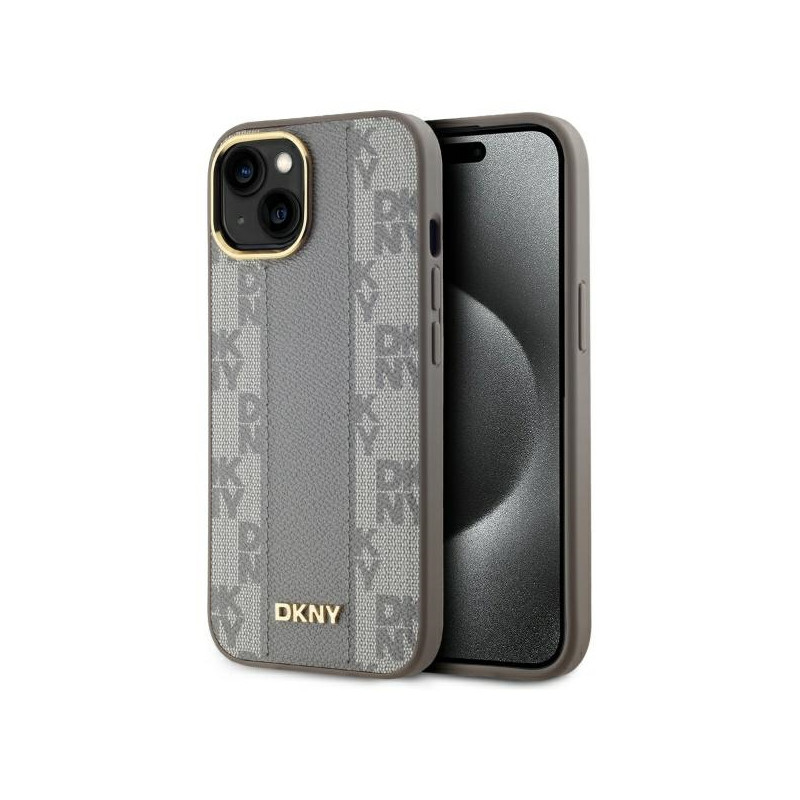 DKNY Leather Chequered Mono Pattern MagSafe dėklas iPhone 15 Plus - smėlio spalvos