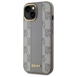 DKNY Leather Chequered Mono Pattern MagSafe dėklas iPhone 15 Plus - smėlio spalvos