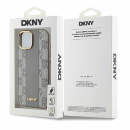 DKNY Leather Chequered Mono Pattern MagSafe dėklas iPhone 15 - smėlio spalvos