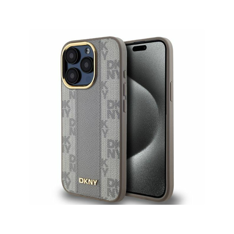 DKNY Leather Chequered Mono Pattern MagSafe dėklas, skirtas iPhone 15 Pro Max - smėlio spalvos