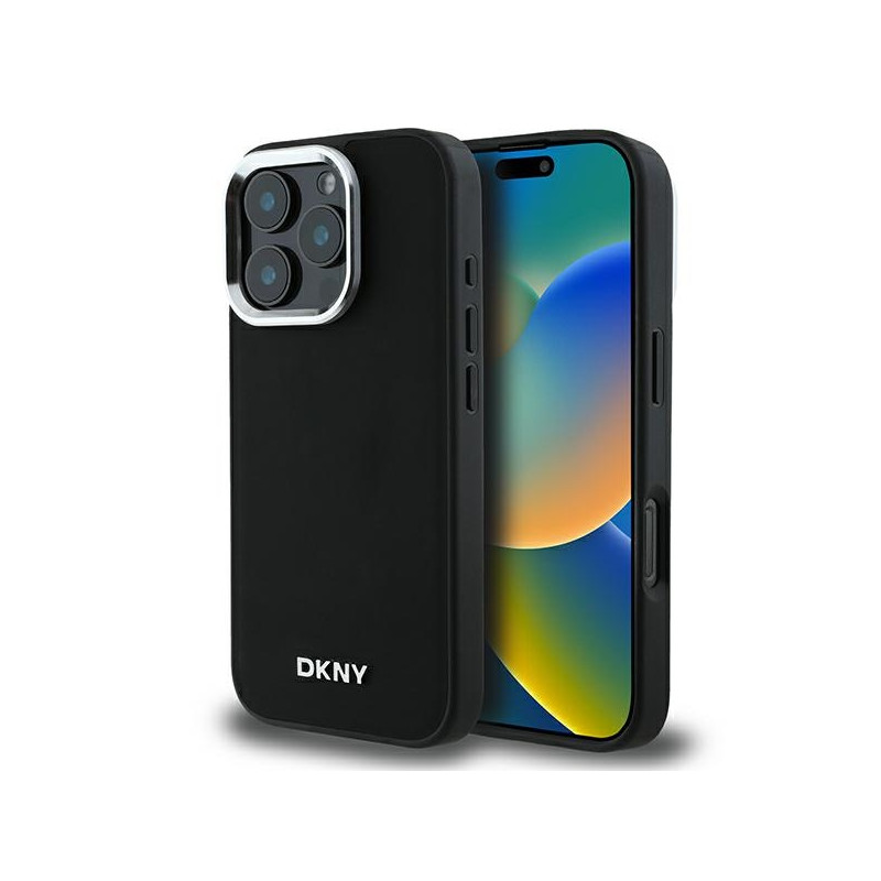 DKNY Plain Silver Logo MagSafe dėklas iPhone 16 Pro - juodas
