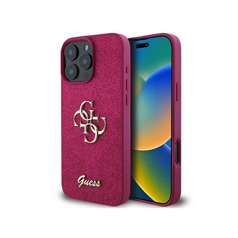 Guess Glitter Script Big 4G dėklas, skirtas iPhone 16 Pro - violetinė