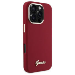 Guess Silicone Script Metal Logo dėklas iPhone 16 Pro - rožinis