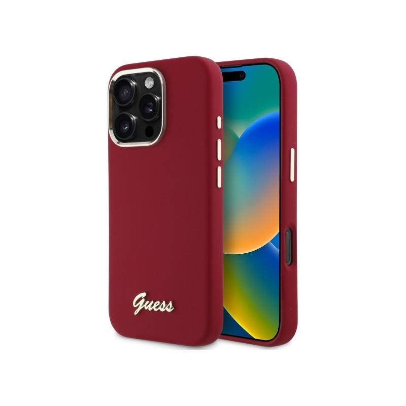 Guess Silicone Script Metal Logo dėklas, skirtas iPhone 16 Pro Max - rožinis