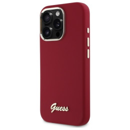 Guess Silicone Script Metal Logo dėklas, skirtas iPhone 16 Pro Max - rožinis